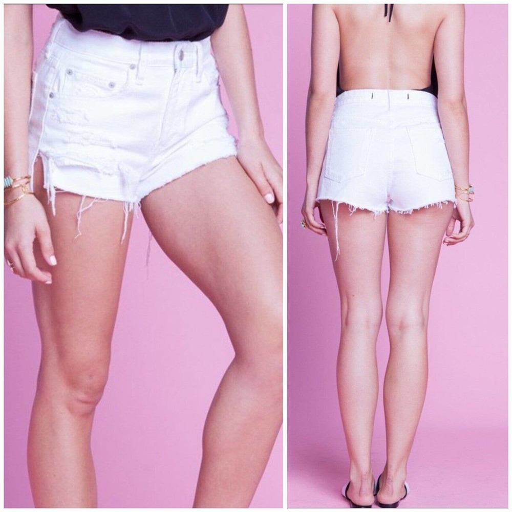 Lovers + Friends White Distressed High-Waist Denim Shorts